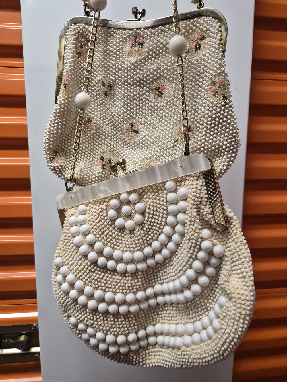 Vintage Cream Beaded Mini Bag with Pink Floral Accents
